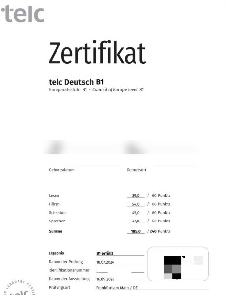Öğrencimizin telc Deutsch B1 sertifikası