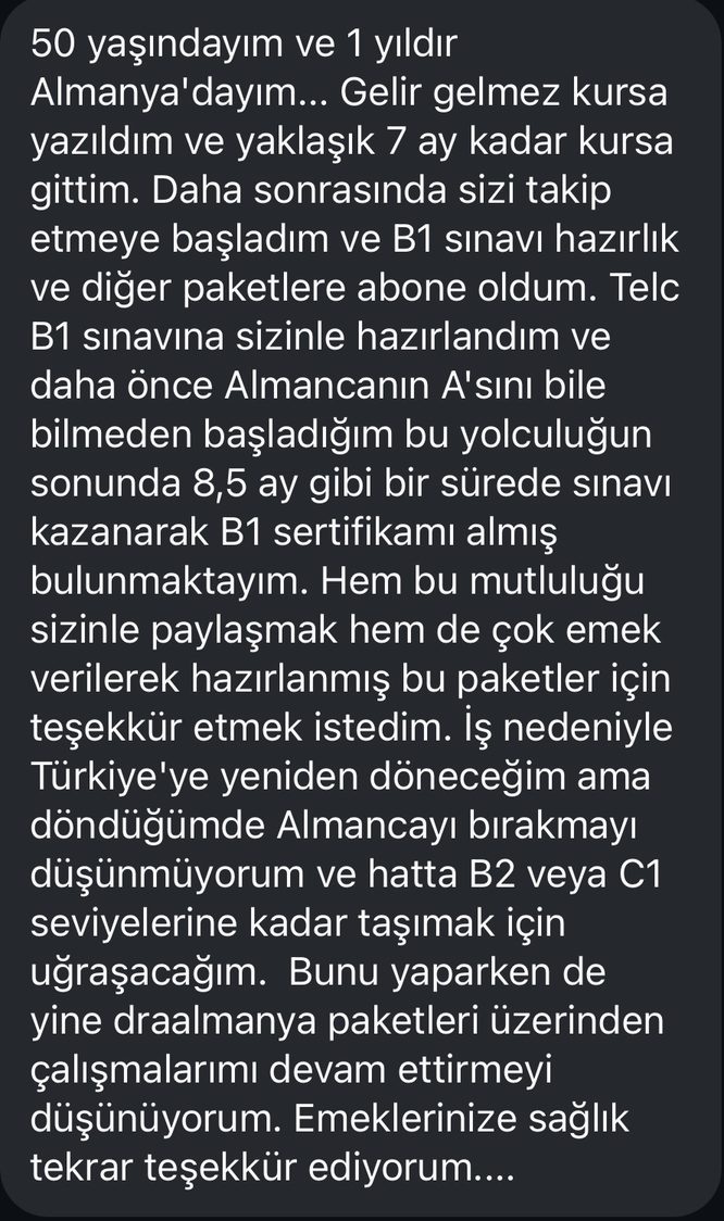 Öğrencimizin bize gönderdiği teşekkür mesajı